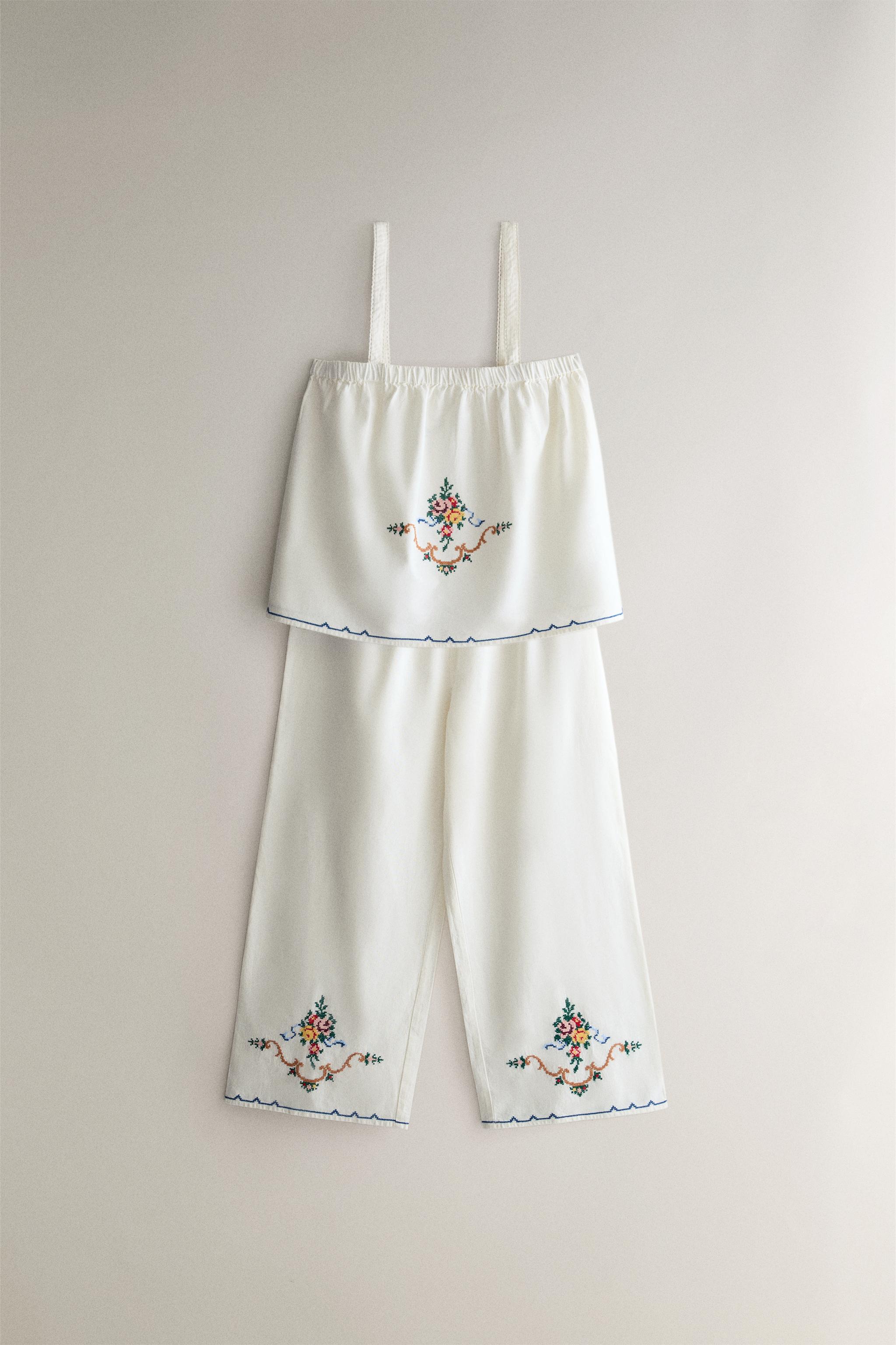 COTTON AND LINEN EMBROIDERED TROUSERS